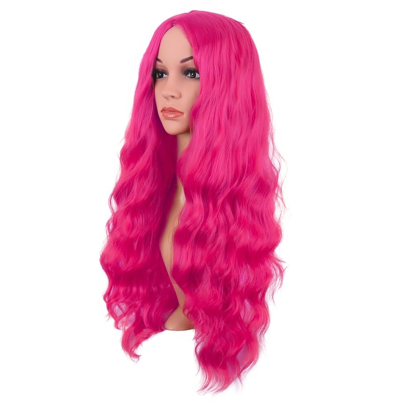 MapofBeauty 28 Inch/70 cm Long Wavy Middle Part with No Bangs Synthetic Fiber Curly Fashion Women Party Cosplay Wig (Hot Pink) - Image 3
